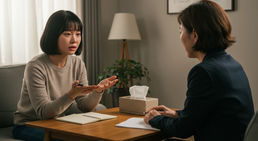 심리치료 세션 중 상담받는 여성
