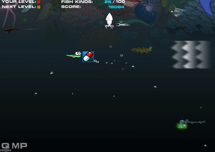 물고기-키우기-플래시게임-플레이-물고기가-알약-아이템을-획득하는-화면