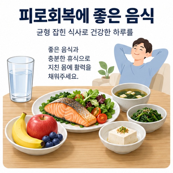 피로회복에 좋은 음식이라는 제목과 밥, 달걀, 생선, 두부, 과일을 균형 있게 담은 식사를 표현한 대표 이미지