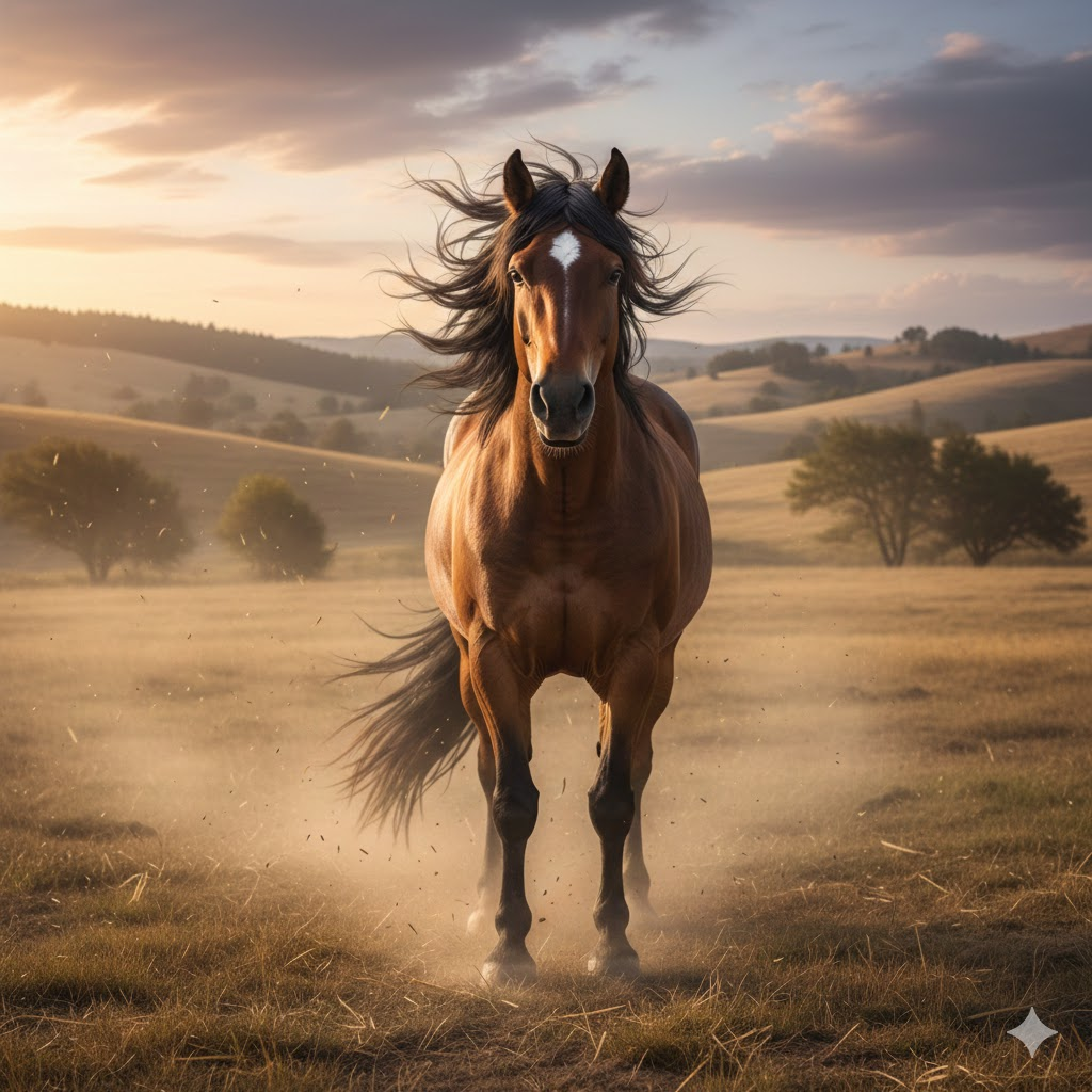 바람을 맞고 있지만 개의치 않는 말의 모습