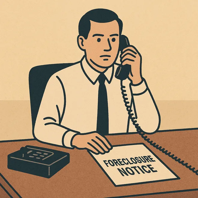 경매 통지서를 받고 전화를 하는 중년 남성의 일러스트