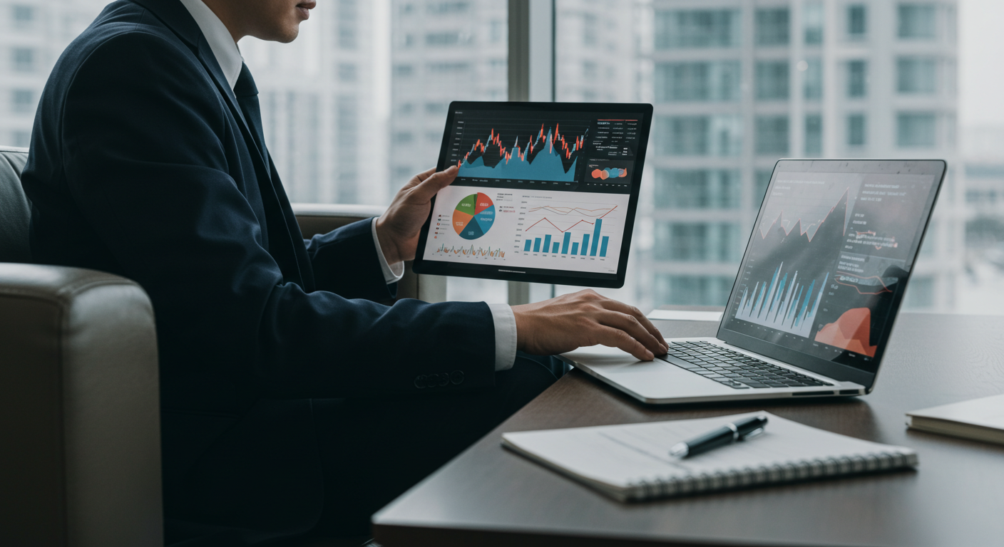 직장인이 오피스에서 헬스케어, 보험, 소비재 산업 데이터를 검토하며 투자 포트폴리오를 분석하는 실사형 이미지. 배경에는 산업 키워드와 그래픽이 시각화되어 있음.