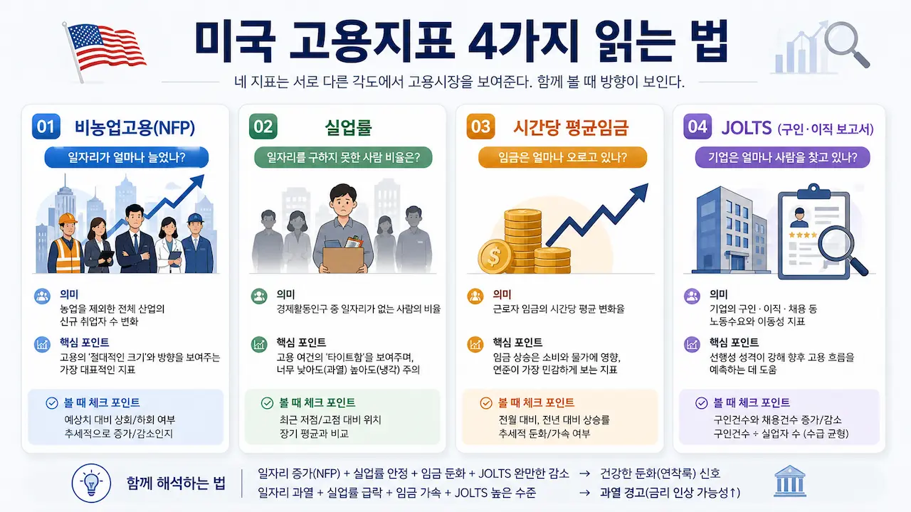 비농업고용 실업률 시간당 평균임금 JOLTS의 의미와 차이를 네 영역으로 설명한 인포그래픽
