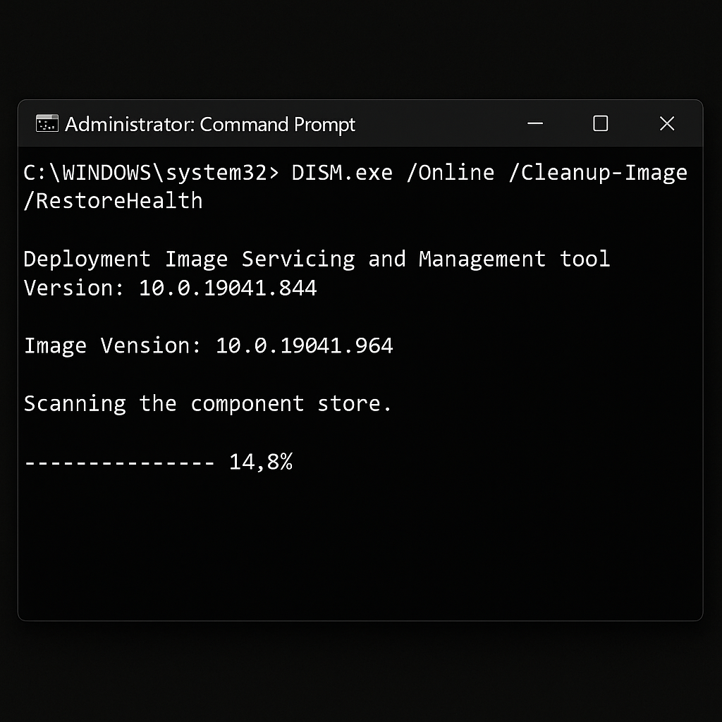 DISM 명령어 실행 화면 - Windows 관리자 권한 명령 프롬프트에서 시스템 복구 작업 수행
