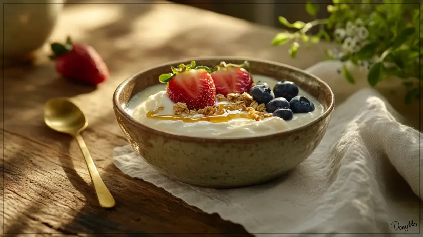 그래놀라의-효능을-극대화하기-좋은-식품들을-그릭요거트-위에-얹어-접시에-담아낸-식단-예시-사진