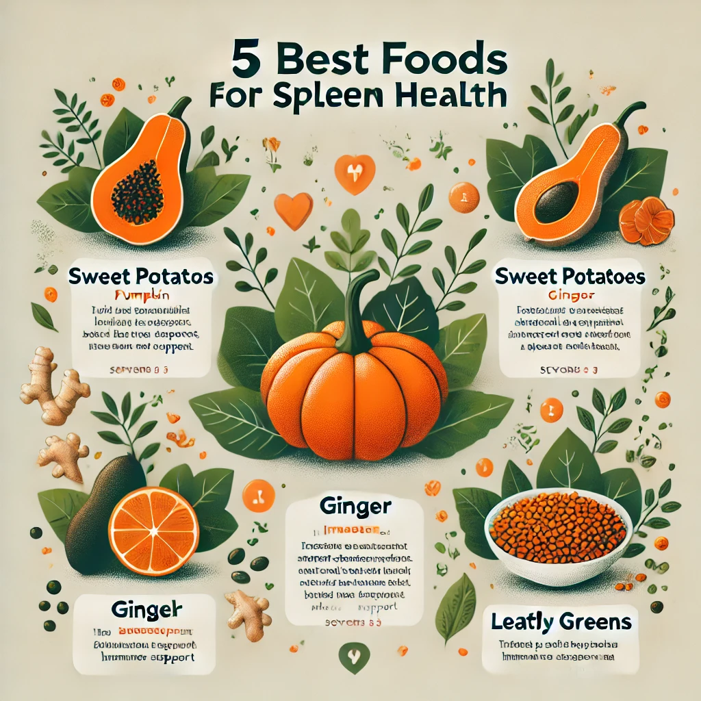 "비장 건강을 위한 최적의 음식 5가지: 호박, 고구마, 생강, 렌틸콩, 녹색 채소"
