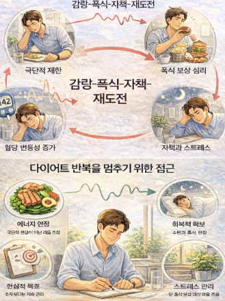 다이어트 반복 패턴과 에너지 리듬을 비교하는 일러스트