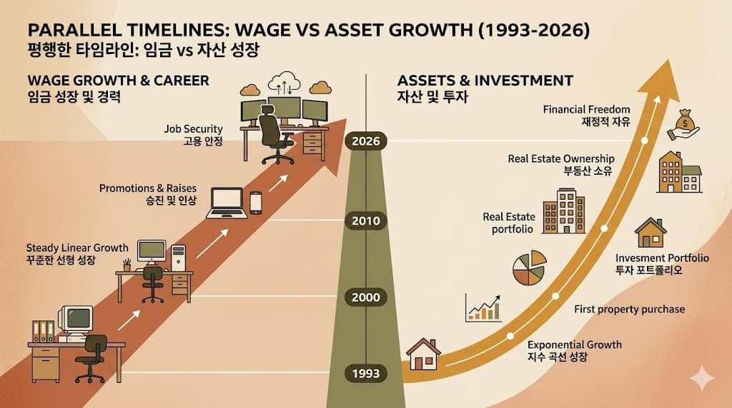 파일명: two_people_1970_born_labor_vs_capital_income_asset_gap_korea_parallel_story_r_g_2026.jpg Alt 태그: 1970년생 두 사람 노동소득 자본소득 자산 격차 비교 한국 r>g 피케티 불평등 2026 병행 서사