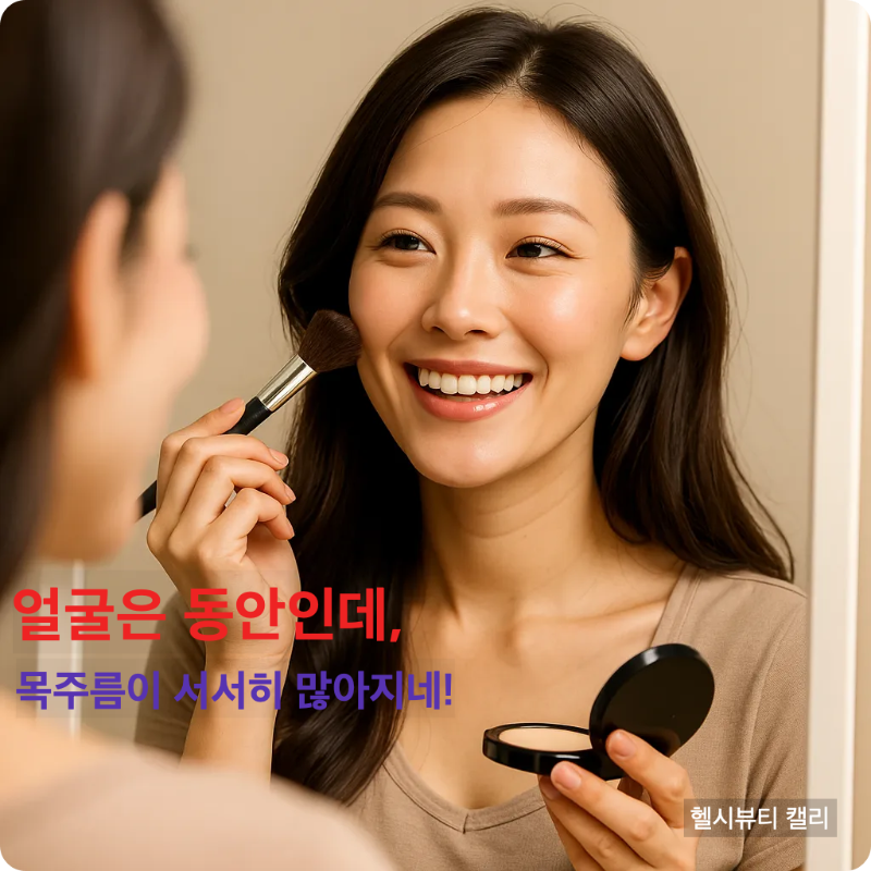거울을 보며 환하게 웃으며 화장하는 30대 서울 여성