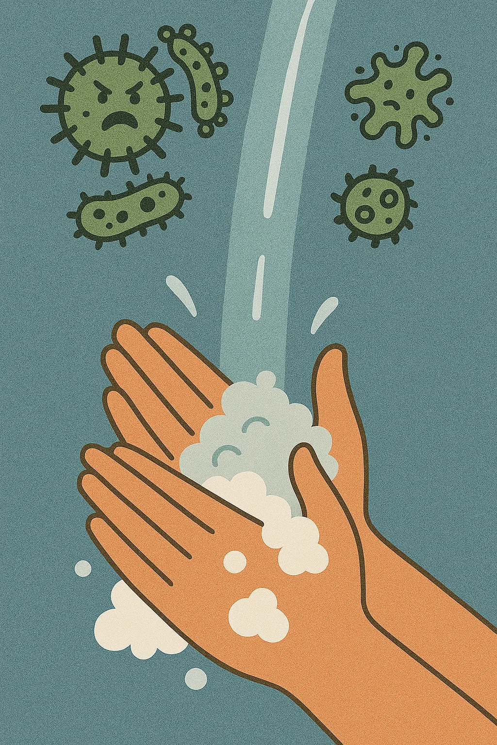 흐르는-물과-비누로-거품을-내며-손을-씻는-모습-주변에-병원균-아이콘이-흩어지며-감염병-예방-강조