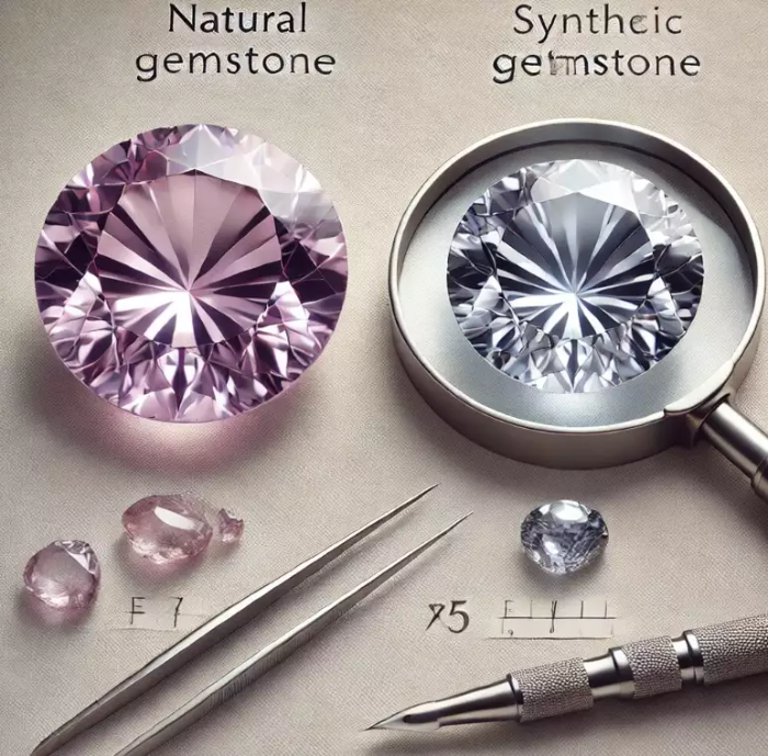 중립적인 배경 위에 나란히 놓인 천연 보석과 인조 보석의 비교 장면. 천연 보석은 약간의 불완전성과 고유한 내포물을 가지고 있고, 인조 보석은 완벽하고 균일하게 보인다. 옆에는 돋보기와 보석 검사 도구가 놓여 있어 보석 감별 방법을 강조하고 있다.