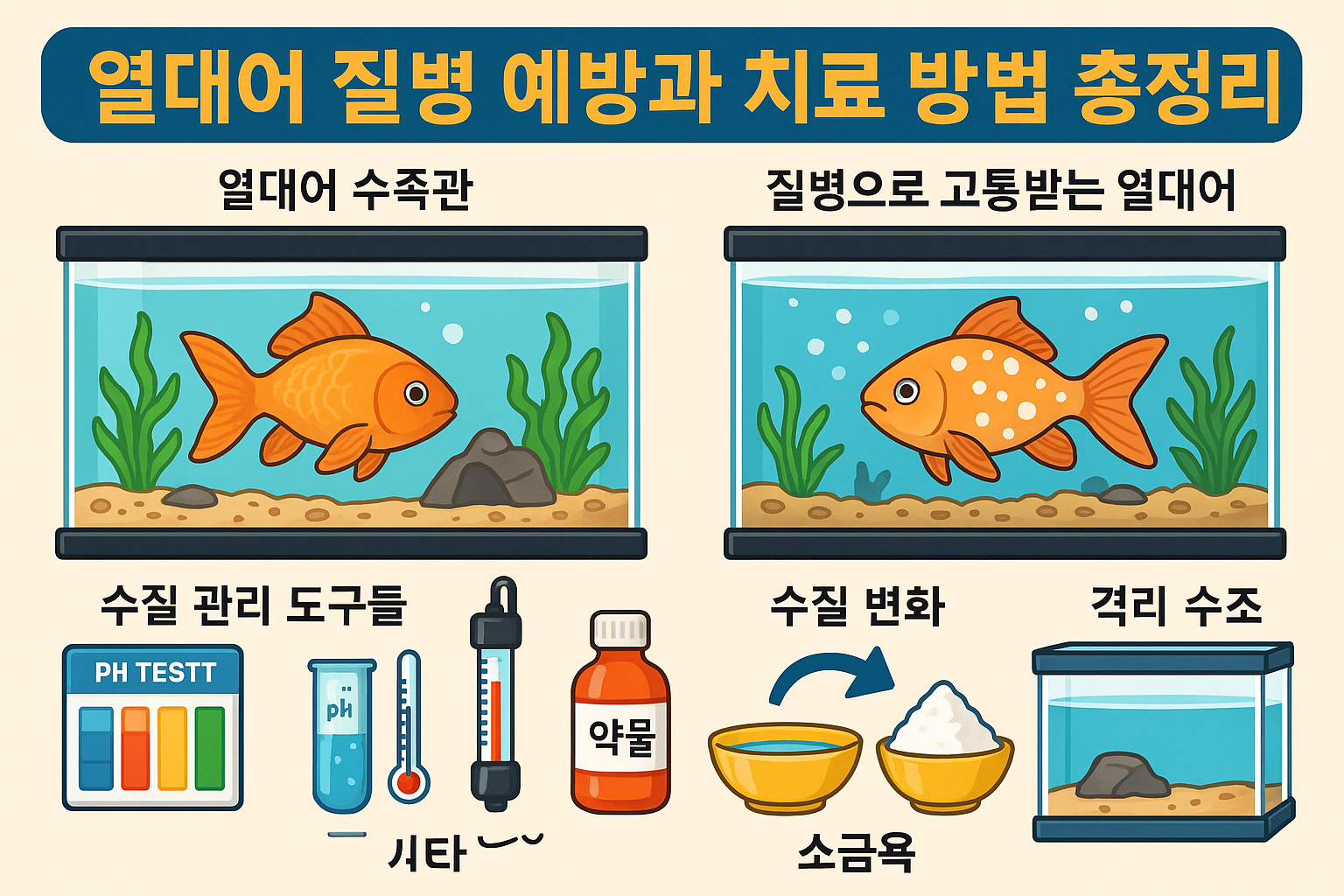 열대어 질병 예방과 치료 방법 총정리 인포그래픽. 건강한 수조와 병든 수조 비교, 수질 측정기, 약물, 소금욕, 격리 수조 등 설명.