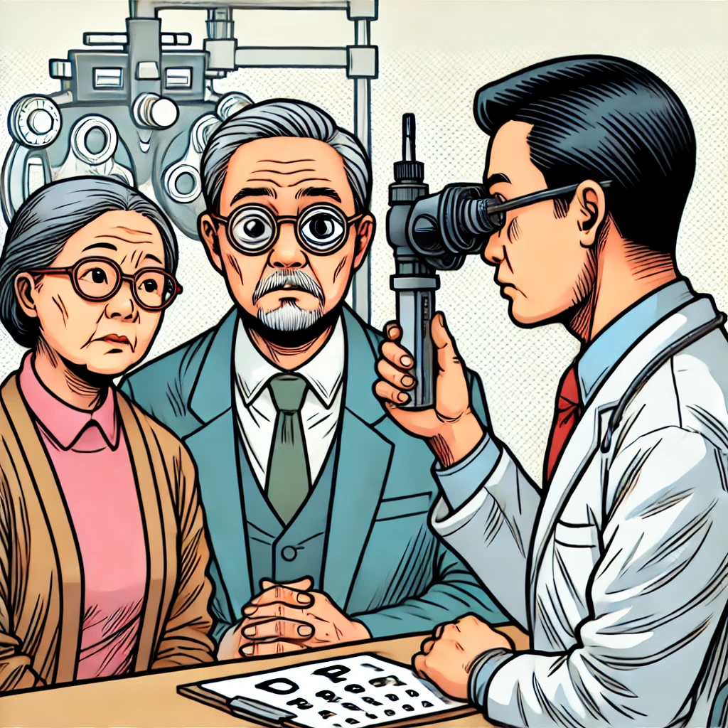 안과를 방문해 검사받는 노부부 (백내장 검진의 중요성 강조)