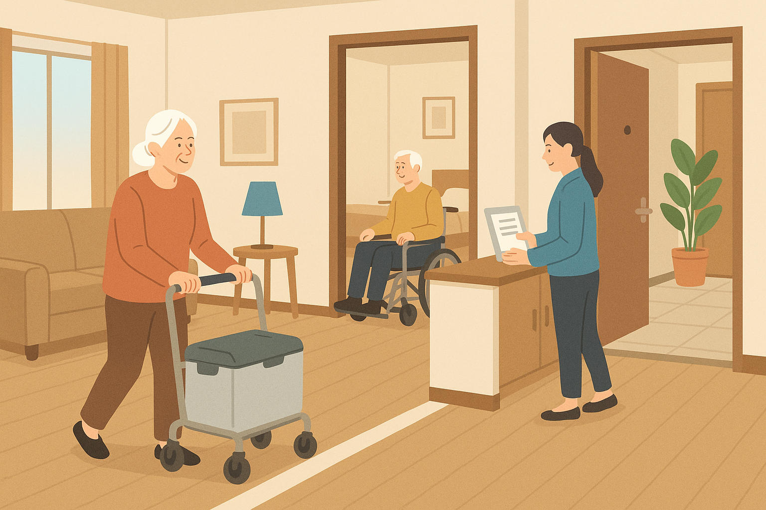 고령자 주거 공간 일러스트, 무문턱 설계가 적용된 거실과 방, 현관 입구에서 휠체어와 보행보조기를 사용하는 노인이 안전하게 이동하는 모습