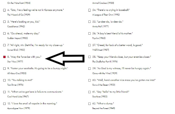 may the force be with you가 영화 명대사 8위 입니다.