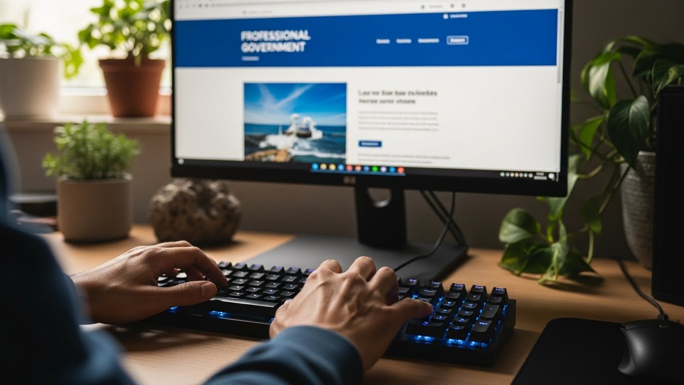 집에서 컴퓨터를 이용해 경찰청 교통민원24 홈페이지에 접속하여 마일리지를 신청하는 1인칭 시점