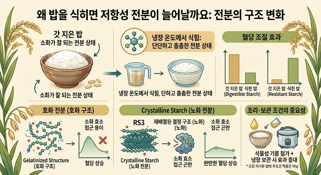 왜 밥을 식히면 저항성 전분이 늘어날까요: 전분의 구조 변화