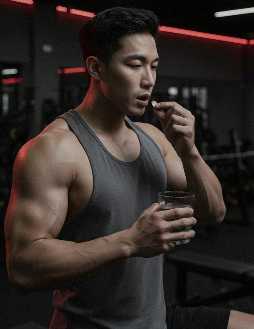 Korean Asian man in 40s browsing supplements on smartphone in bed at night