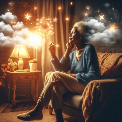 할머니가 꿈의 세계를 떠올리며 상상의 구름 속에서 혼자 앉아있는 장면입니다.