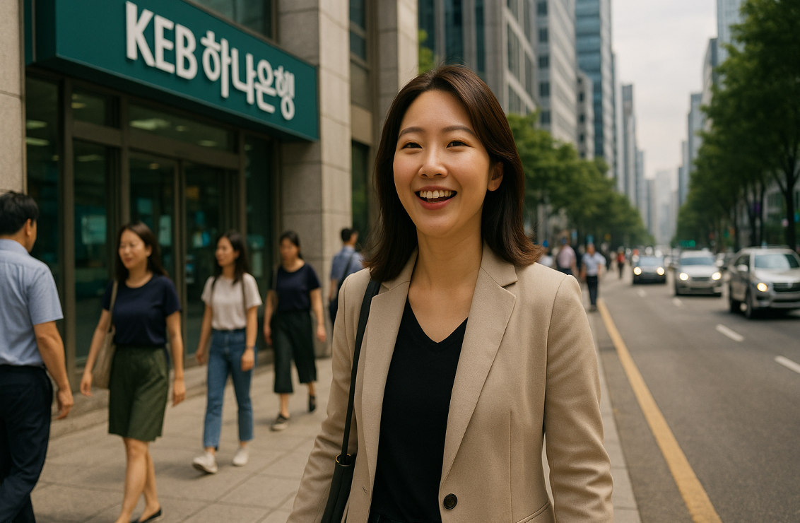 은행을 이용하고 나온 직장인의 모습