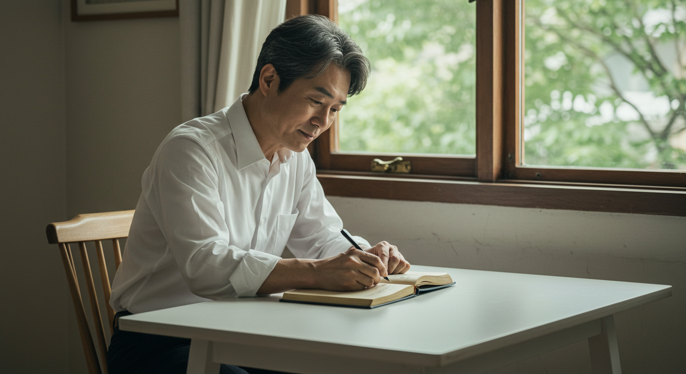 창가에서 조용히 글을 쓰는 남성