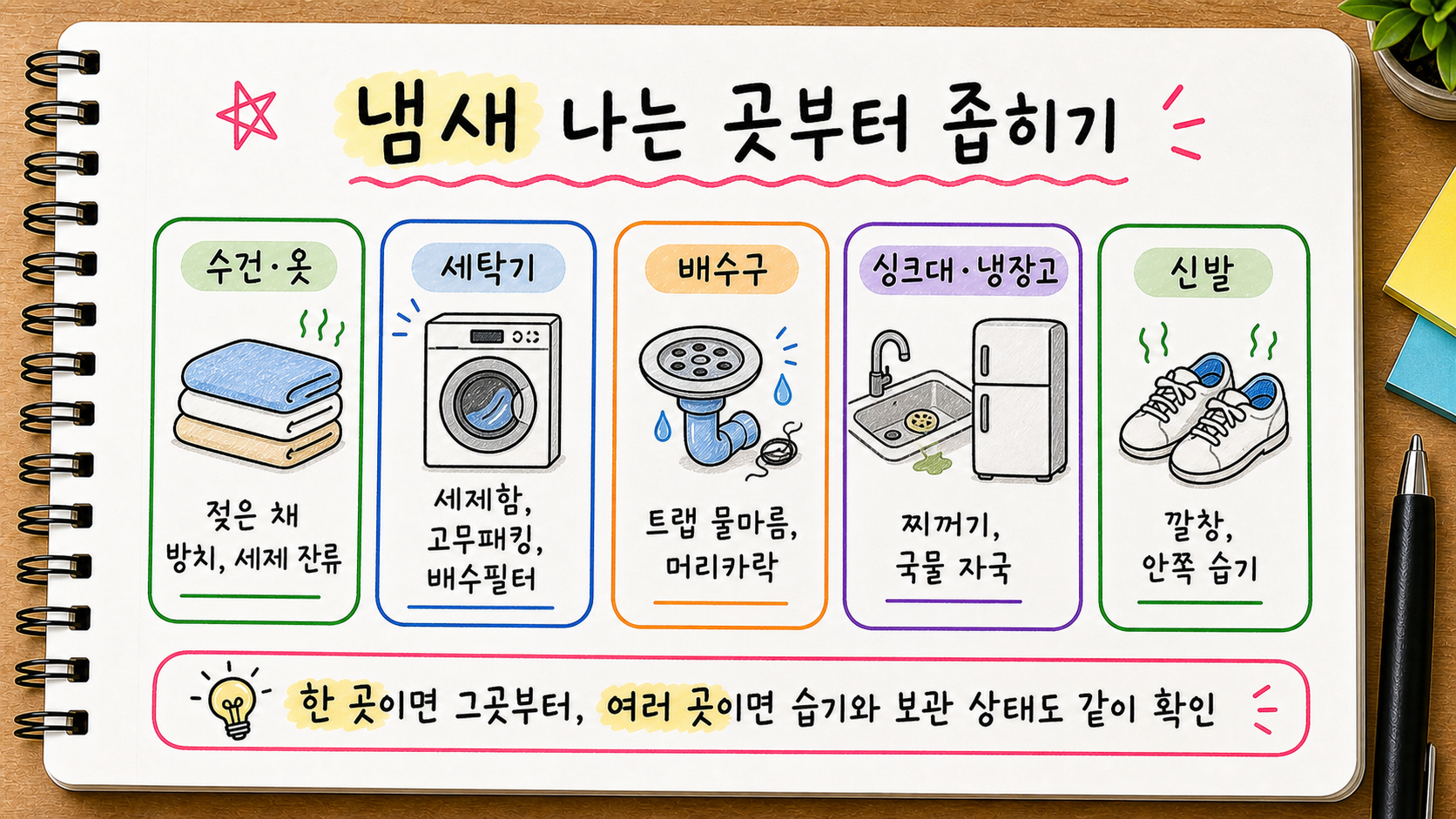 수건 옷 세탁기 배수구 싱크대 냉장고 신발 냄새 원인을 공간별로 정리한 손글씨 카드