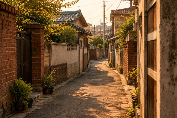 오래된 골목의 벽 뒤에 한 아이가 숨어 있고 다른 아이들이 골목 안쪽으로 뛰어가는 모습