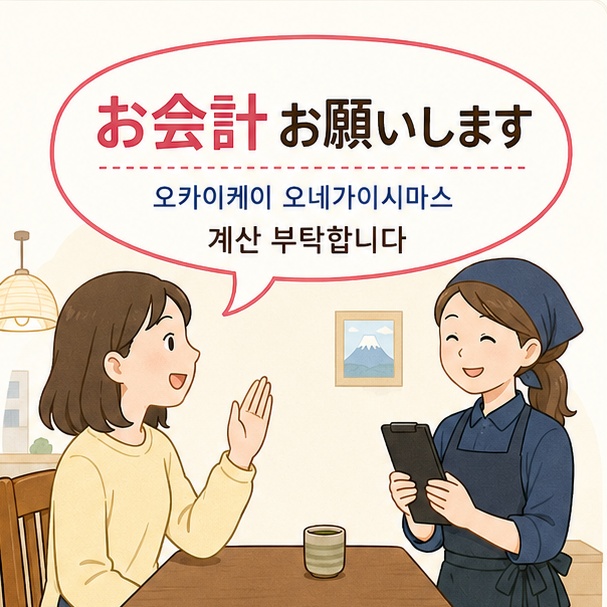 일본 식당에서 오카이케이 오네가이시마스라고 말해 계산을 요청하는 표현을 설명한 이미지