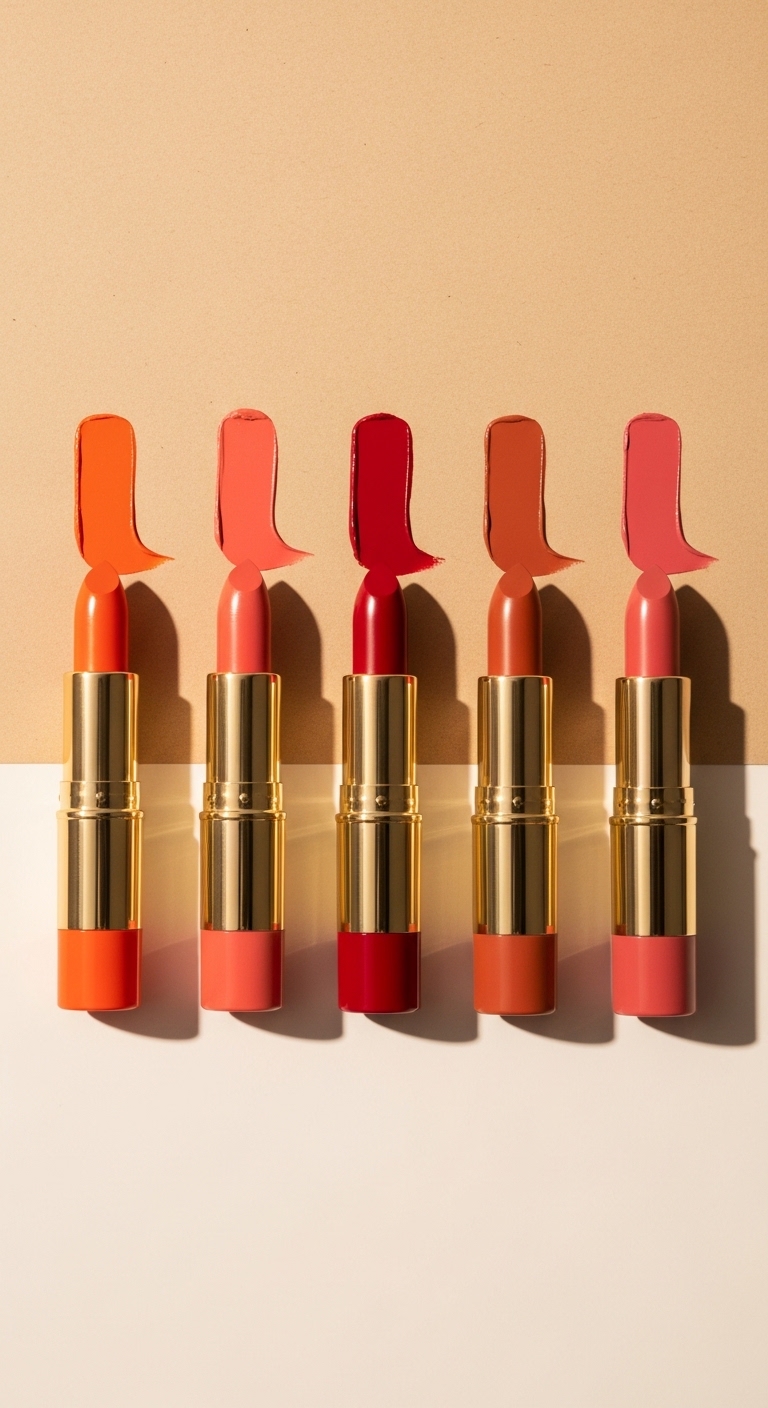 오렌지, 코랄, 칠리 레드 등 웜톤 피부에 어울리는 대표적인 립스틱 색상들을 모아놓은 이미지입니다. 따뜻하고 화사한 느낌을 강조