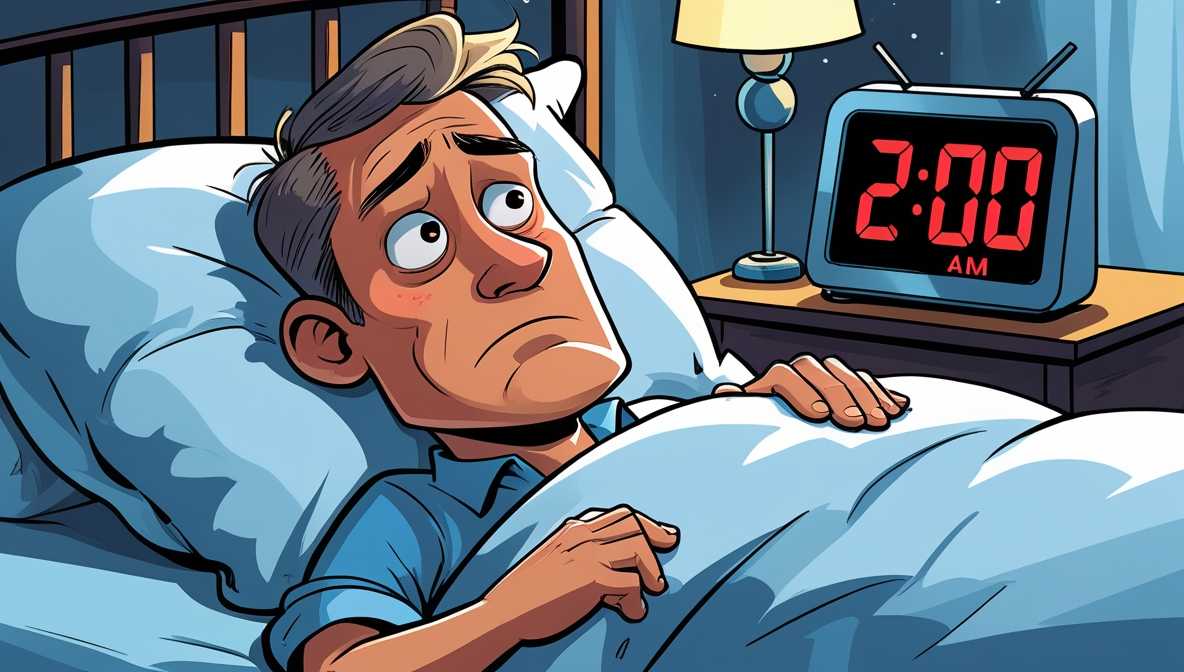 0대 남성이 침대에 누워 뒤척이며 잠 못 들고, 침대 옆 디지털시계가 새벽 2시를 가리키고 있는 모습.