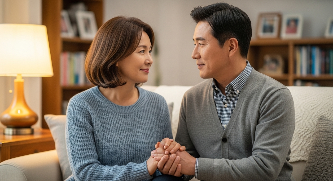 거실 소파에 앉아 진지하게 대화하는 중년 부부의 모습.