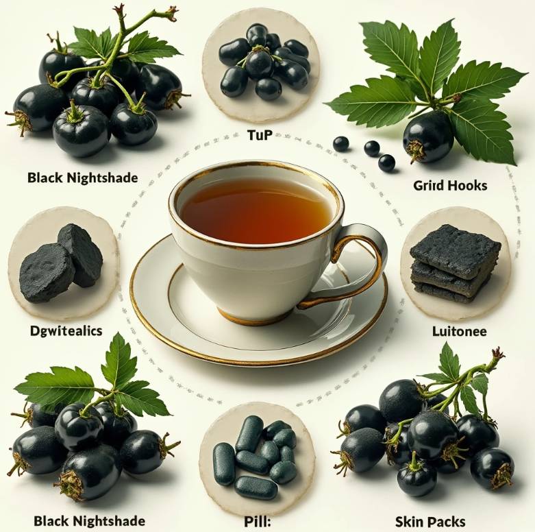 다양한 까마중 섭취 방법을 보여주는 이미지 콜라주. 신선한 까마중 열매, 까마중차, 까마중 약술, 까마중 피부 팩 등이 아름답게 배치되어 있습니다.