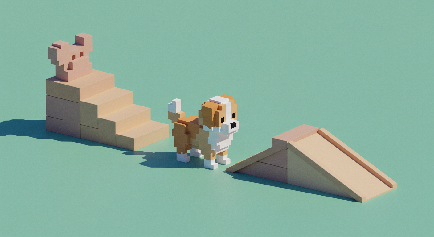 강아지가 계단이랑 경사로 중 어디로 갈지 고민하는 일러스트