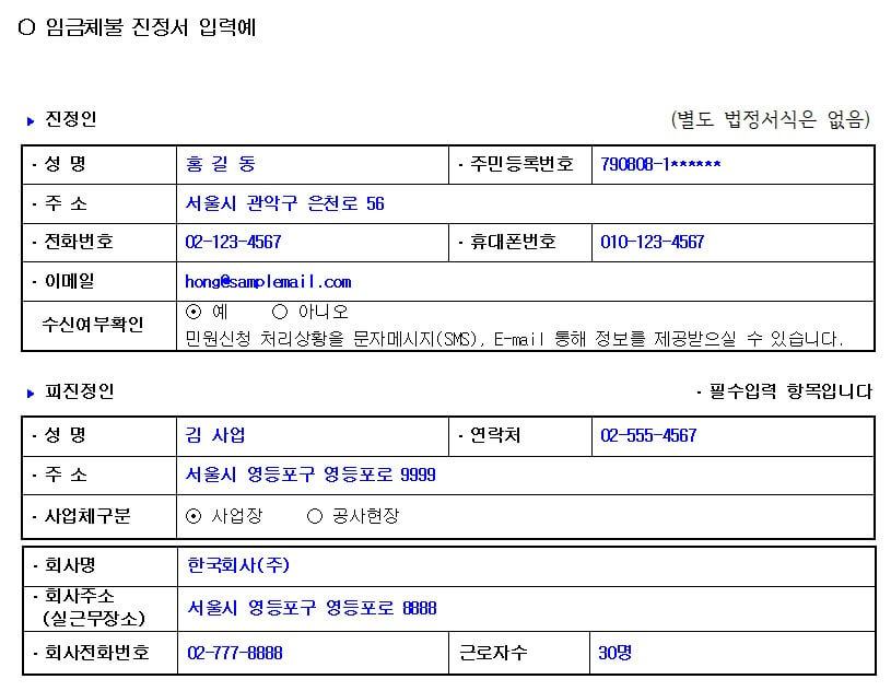 임금체불 진정서 입력예시 진정인과 피진정인