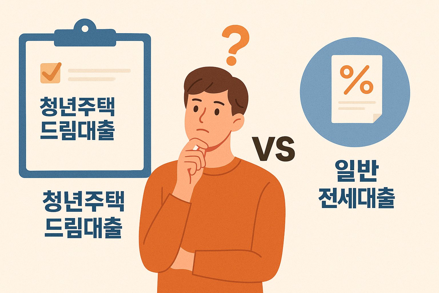 청년주택드림대출과 일반 전세대출을 비교하는 2025년 기준 감성 일러스트 썸네일로, 고민하는 청년과 대출 서류 아이콘, 금리 심볼이 양쪽에 배치된 시각 중심 이미지