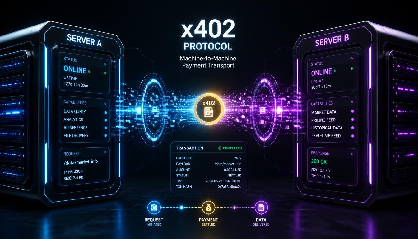 Two AI server interfaces performing a machine-to-machine payment via x402 protocol.