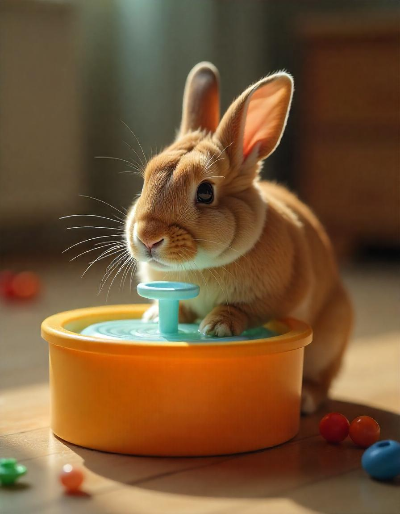 급수기의 물을 마시는 귀여운 토끼