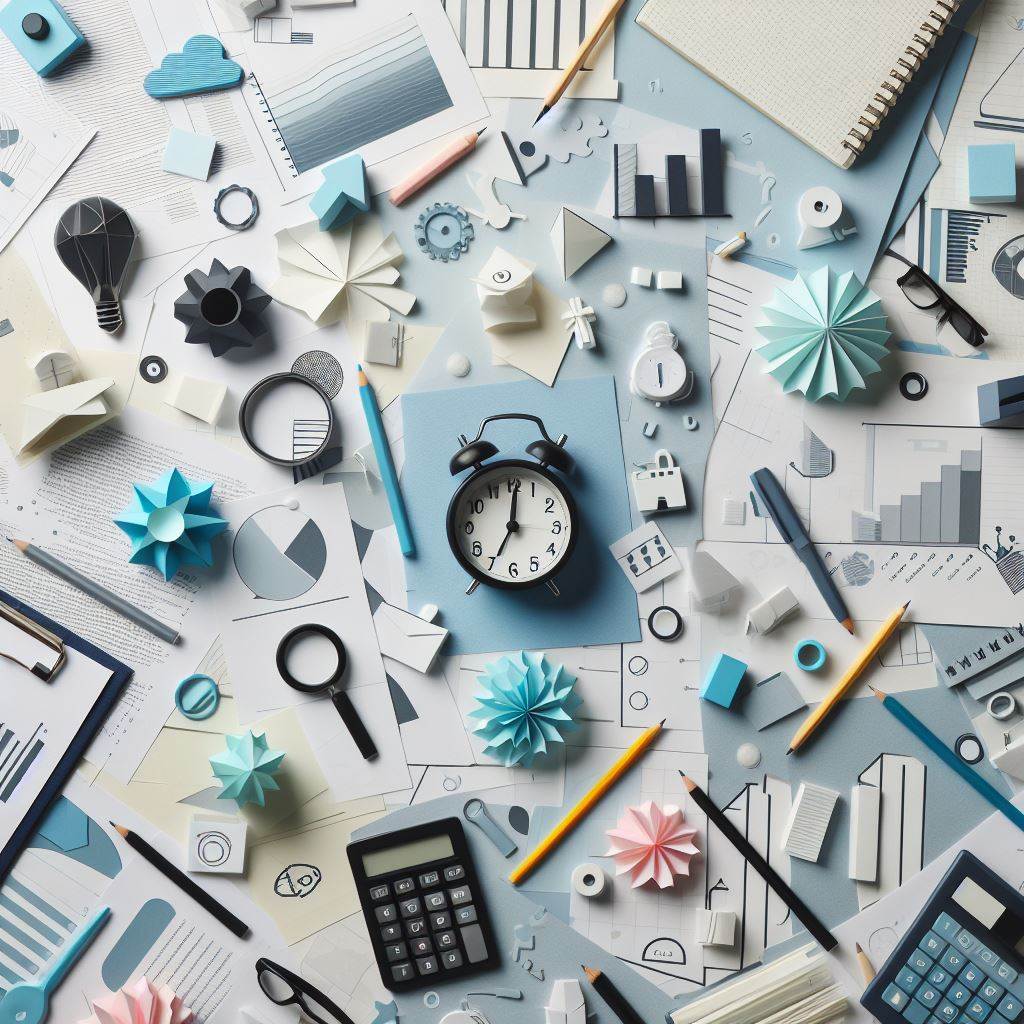 시계 중심으로 한 문구용품들