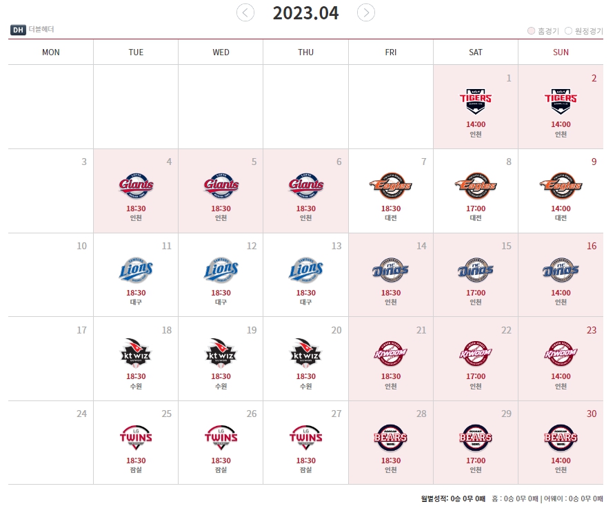 SSG랜더스 경기일정 2023년 4월 일정