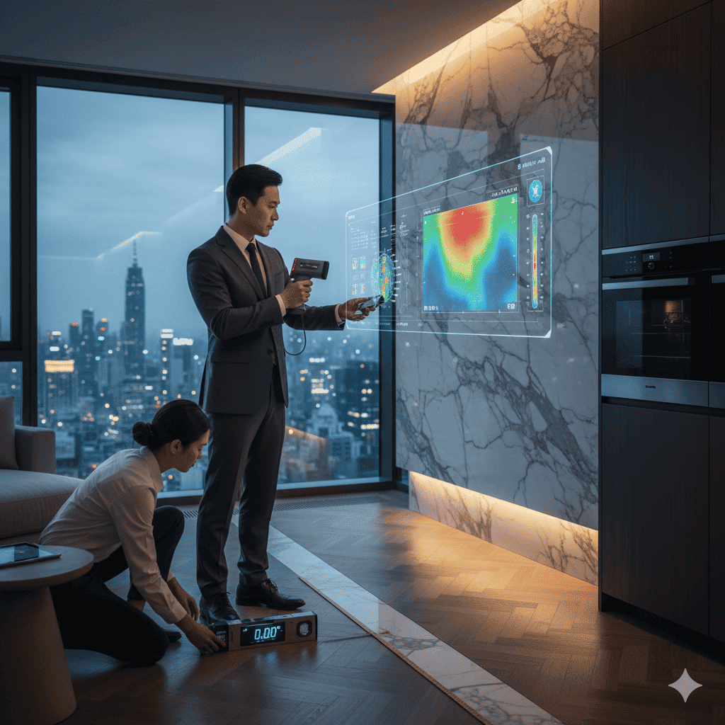 전문가가 열화상 카메라와 수평계를 활용해 하이엔드 주방의 수입 가전과 대리석 마감을 정밀 점검하는 모습
