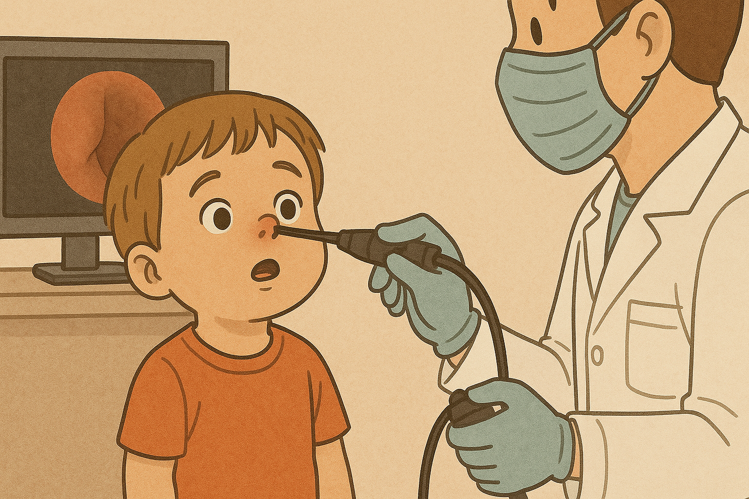 소아가 병원에서 코 내시경 검사를 받는 모습