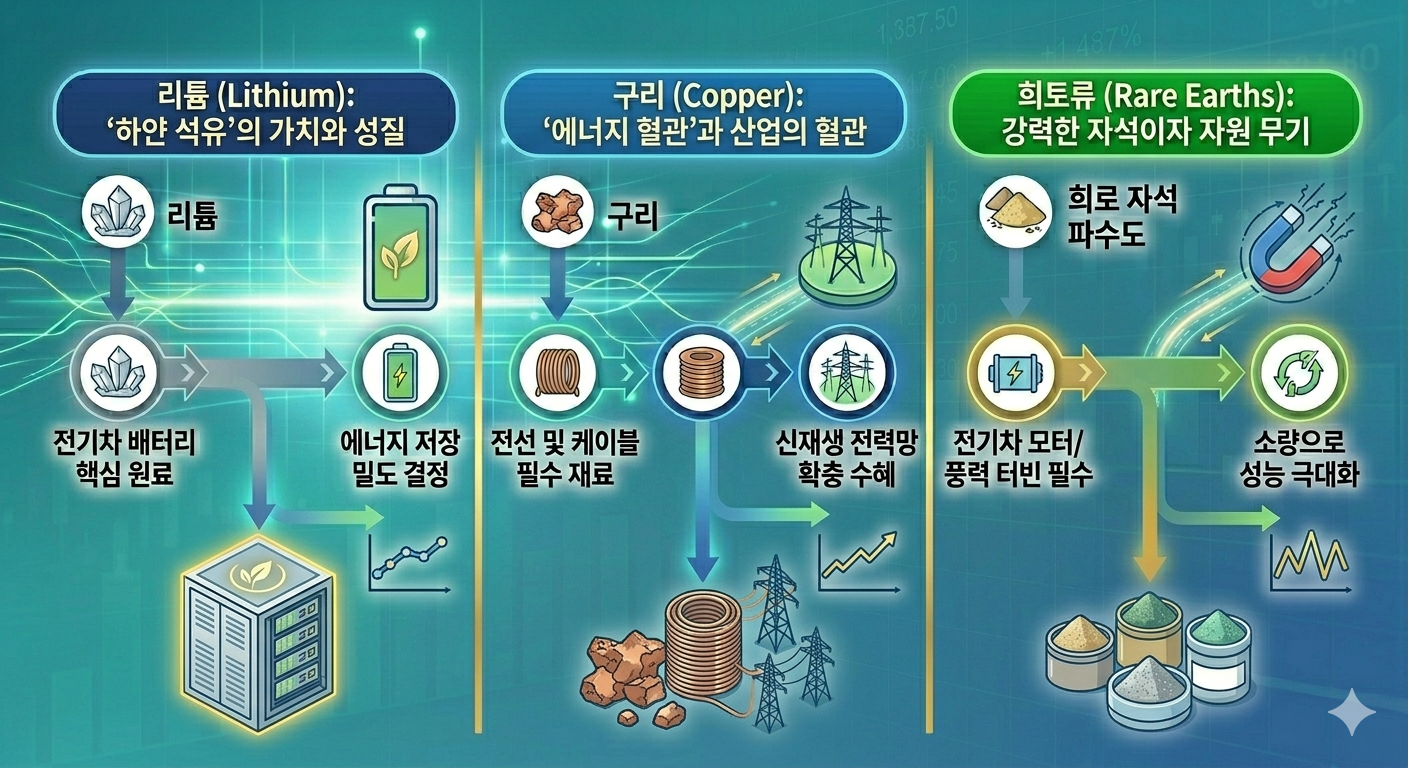 리튬, 구리, 희토류의 신재생에너지 산업 내 전략적 역할 비교 인포그래픽