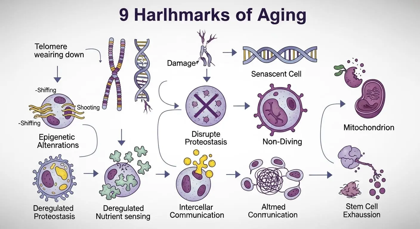 노화의 9가지 주요 특징을 시각적으로 설명하는 인포그래픽. 텔로미어, DNA 손상, 노화 세포 등 노화의 과학적 원인들을 아이콘으로 보여준다.