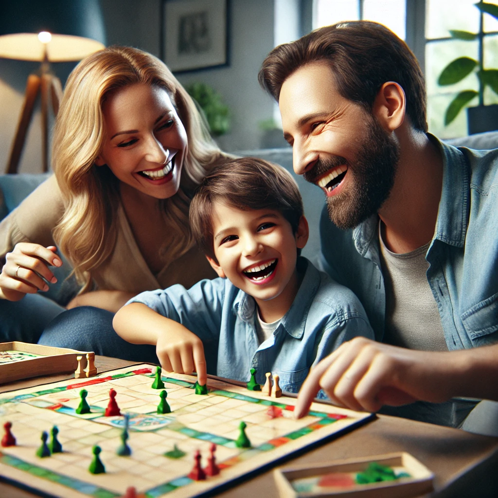 아늑한 거실에서 보드게임을 하며 즐겁게 소통하는 가족의 모습. 부모는 미소를 지으며 아이는 웃고 있는&amp;#44; 소통과 유대를 보여주는 장면
