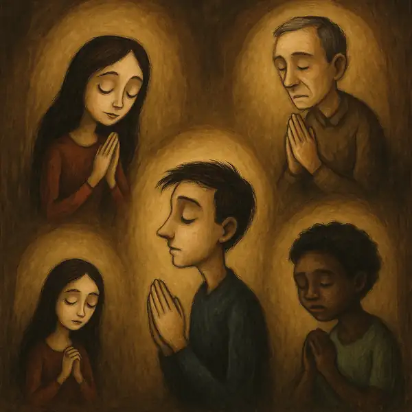 조용하고 평화로운 공간에서 두 손을 모으거나 경건한 자세로 기도하는 다양한 사람들의 모습