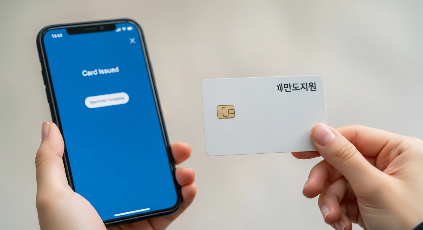 한 여성이 새로 발급받은 국민내일배움카드를 들고 있고, 스마트폰 화면에는 카드 발급 승인 알림이 보이는 모습