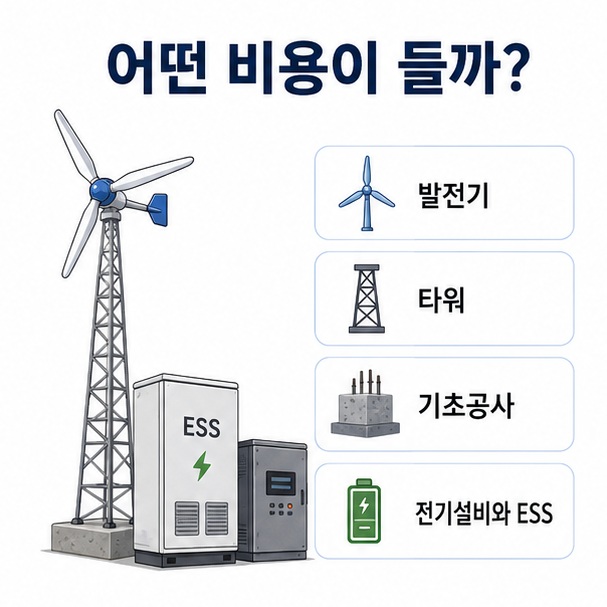 소형풍력 설치비에는 발전기뿐 아니라 타워와 기초공사, 인버터와 ESS 등 여러 설비 비용이 포함될 수 있음을 설명한 이미지