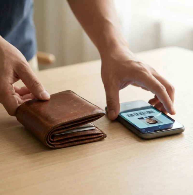 스마트폰 화면에 모바일 신분증 바코드가 띄워져 있고 그 옆에 실물 가죽 지갑이 놓여 있는 모습