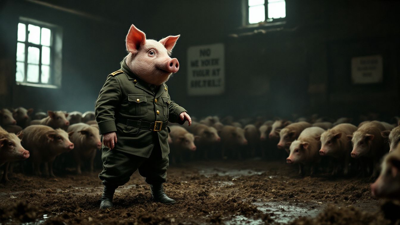 &quot;군복을 입고 권위적인 자세를 취한 돼지 지도자와 그를 바라보는 수많은 돼지들 – 조지 오웰의 『동물농장』을 상징하는 장면&quot;