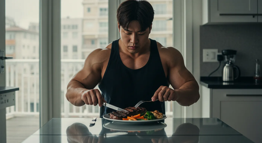 식탁에서 단백질 식단을 섭취하고 있는 남성 이미지